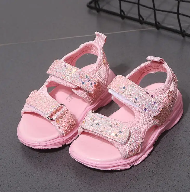 New Girls Princess Beach Shoes Kids Summer Sandals With Sequins Fashion Boys Mesh Sports Sandal Black Pink White EU 21-30 | Детская