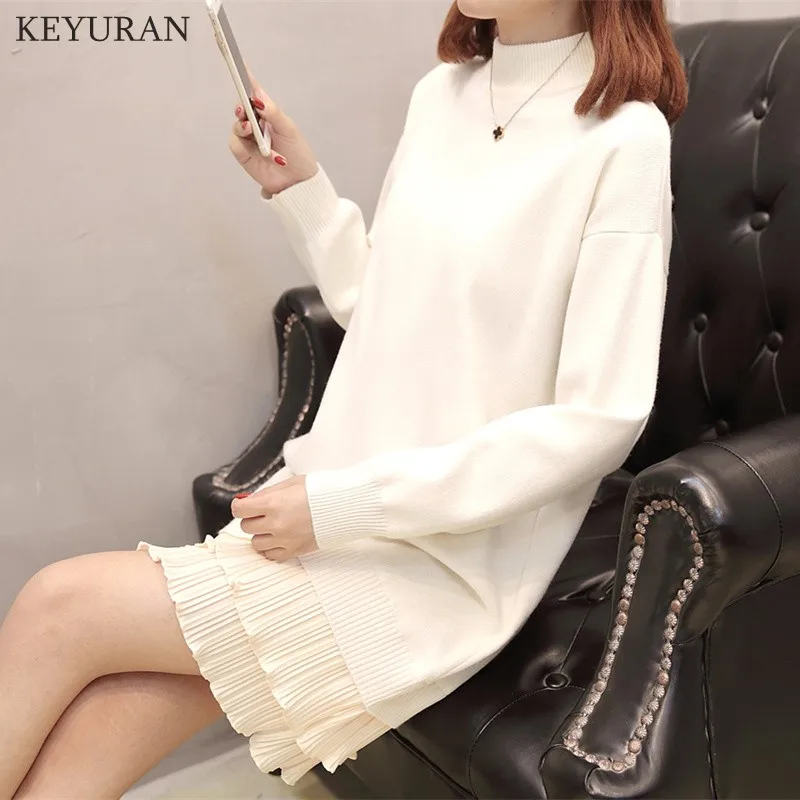Beige white Размера плюс XL-3XL женское осеннее зимнее винтажное шифоновое лоскутное вязаное платье-свитер женское свободное плиссированные мини-платья с длинным рукавом - Цвет: Beige white