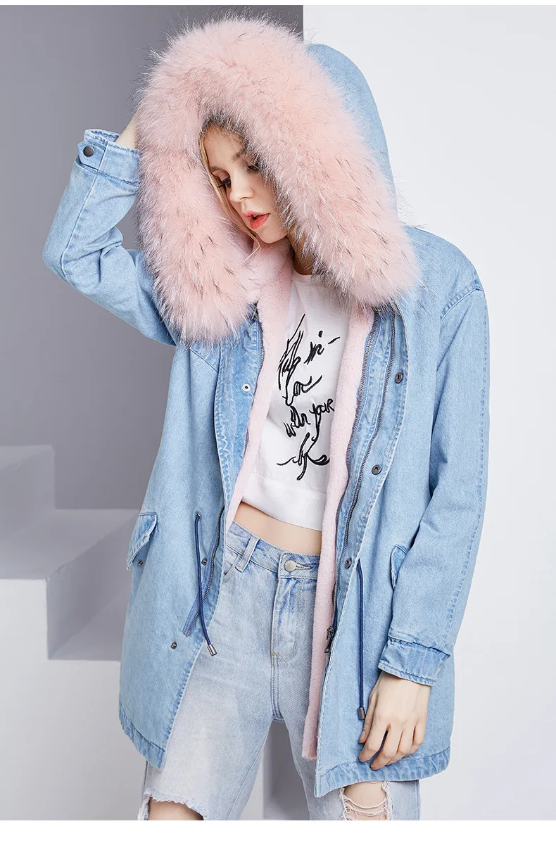 Bootyjeans, розовое, синее, настоящее Женское пальто с мехом, воротник из лисьего меха, парки с капюшоном, верхняя одежда, длинная, кроличья шерсть, меховая подкладка, зимнее пальто - Цвет: pink fur