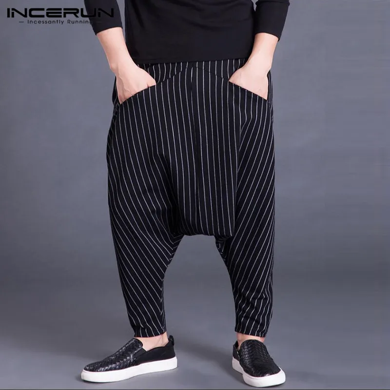 INCERUN Autumn Mens Harem Pants Elastic Waist Stripe Pockets Casual Loose Drop Crotch Trousers Men Streetwear Hip-hop Pants - Цвет: Black Pants