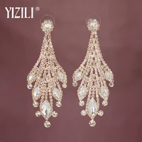 yizili luxury floral tassel long drop earrings crystal silver color bride earrings wedding women jewelry accessories party e052
