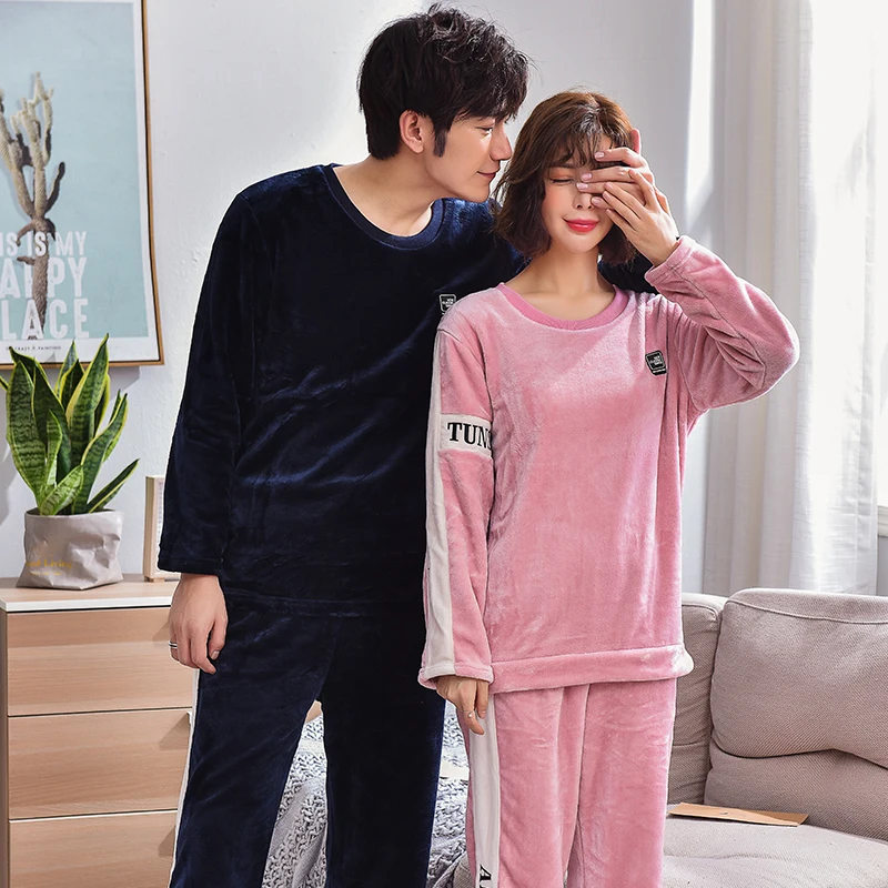 

BZEL Winter Couple Pajama Sets Flannel Women Sleepwear Round Neck Women Pajamas Female Suit Long Sleeve Pyjamas Women Pijamas
