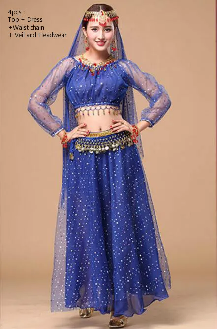 4pcs Dark blue Новое поступление Болливуд танцевальные костюмы Индия костюмы танец живота 6 Цвет для Для Женщин Производительность Практика Для женщин Костюмы для танца живота - Цвет: 4pcs Dark blue
