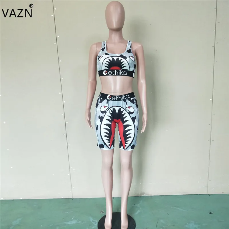 VAZN, Женский комплект из 2 предметов, мультяшный стиль, круглый вырез, короткие штаны, высокая уличная одежда для фитнеса, Корейская версия, модная одежда BN9176