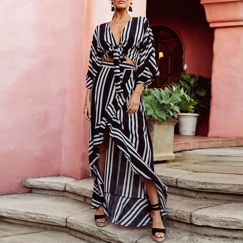 Модные офисные женские богемные макси платья для женщин в полоску с коротким