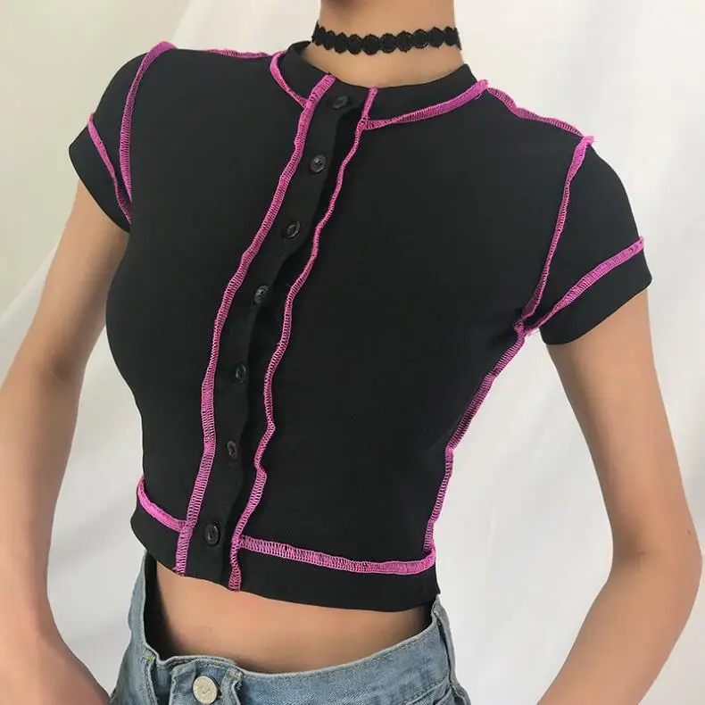 Harajuku Punk Ladies T Shirt Casual Short Sleeve Tee Women Basic Black Tshirts Cotton Button Summer | Женская одежда