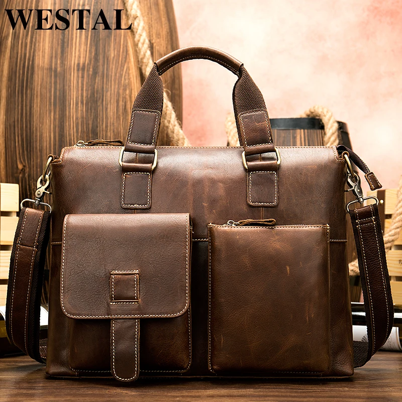 

WESTAL bag men's genuine leather briefcase porte document leather laptop bag business office bag for men vintage handbag tote