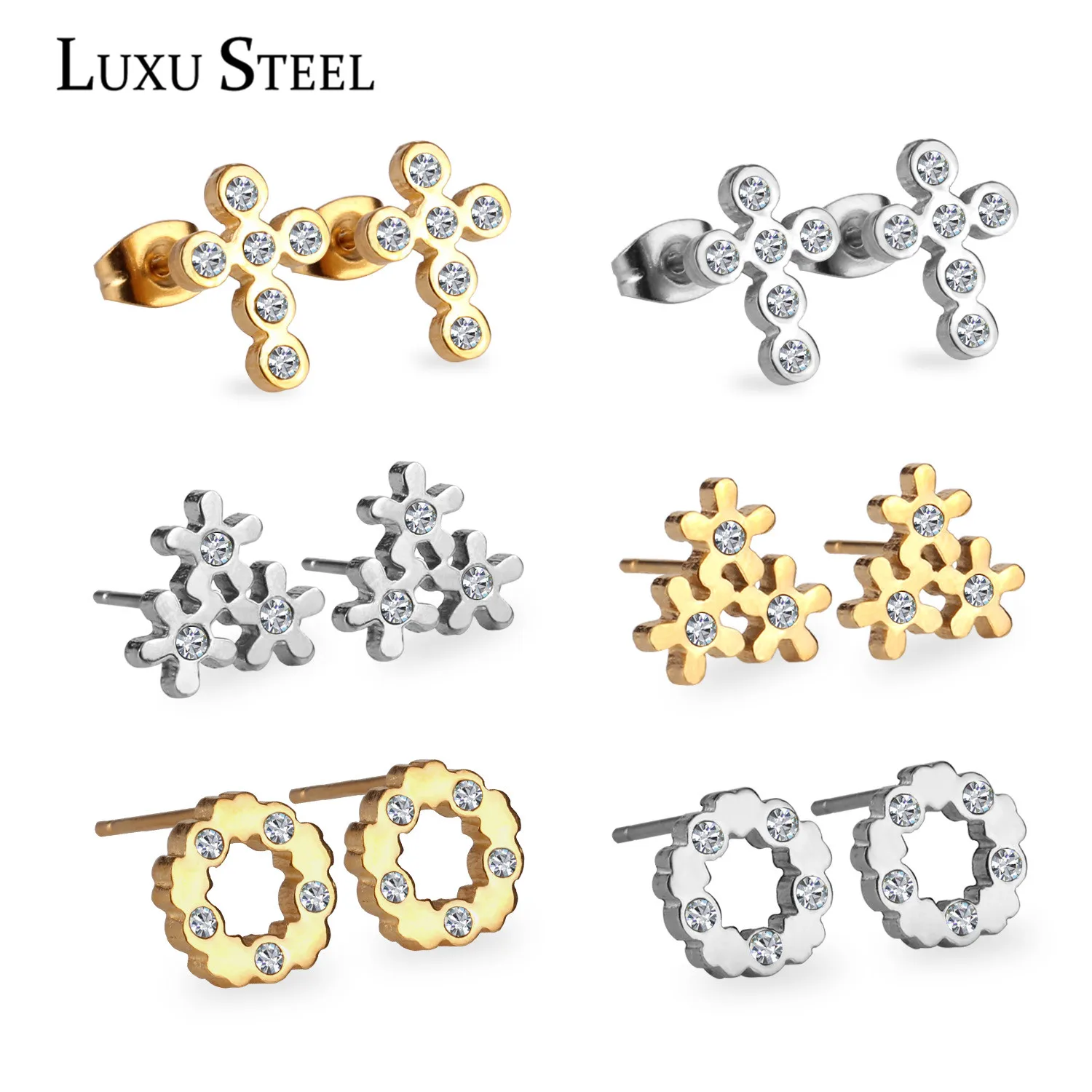 Женские сережки гвоздики LUXU из нержавеющей стали 6 пар/кор. с фианитом|cubic zirconia stud