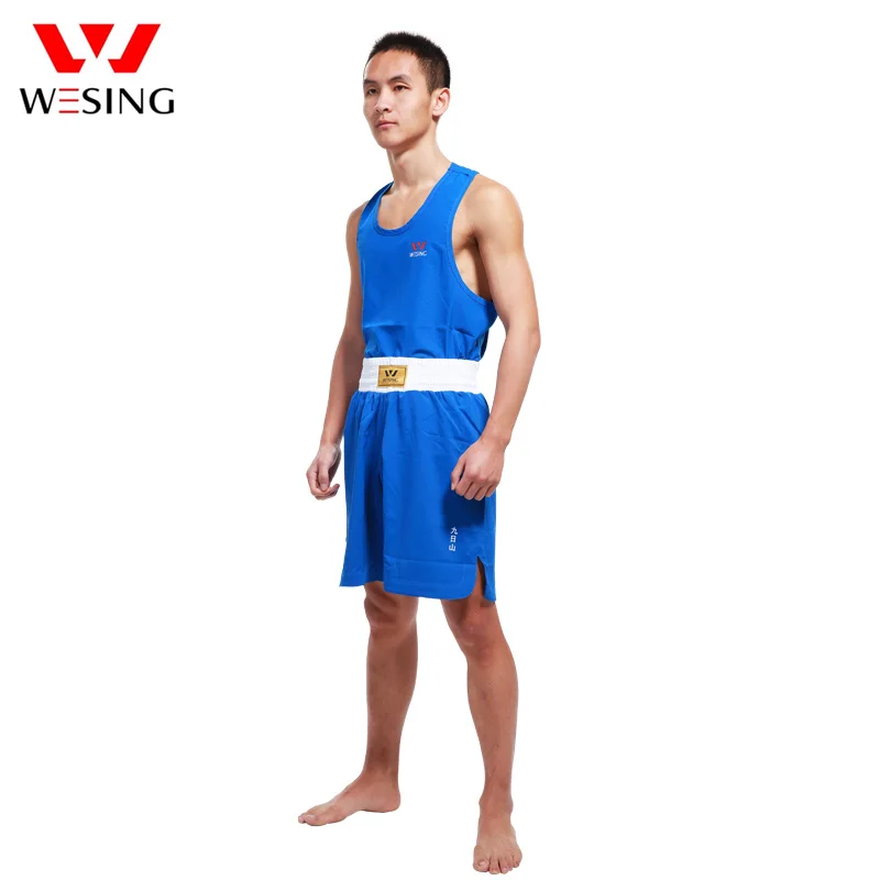 Wesing, мужская форма для бокса, дышащая, для женщин, Санда, муай тай, шорты, без рукавов, боксерские трусы, топы, набор, размер S-3XL - Цвет: men blue
