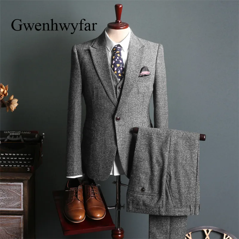 Gwenhwyfar мужской Клетчатый костюм серый Slim Fit Свадебные костюмы для мужчин высокого качества Деловые костюмы 3 шт. пиджак брюки жилет - Цвет: picture color