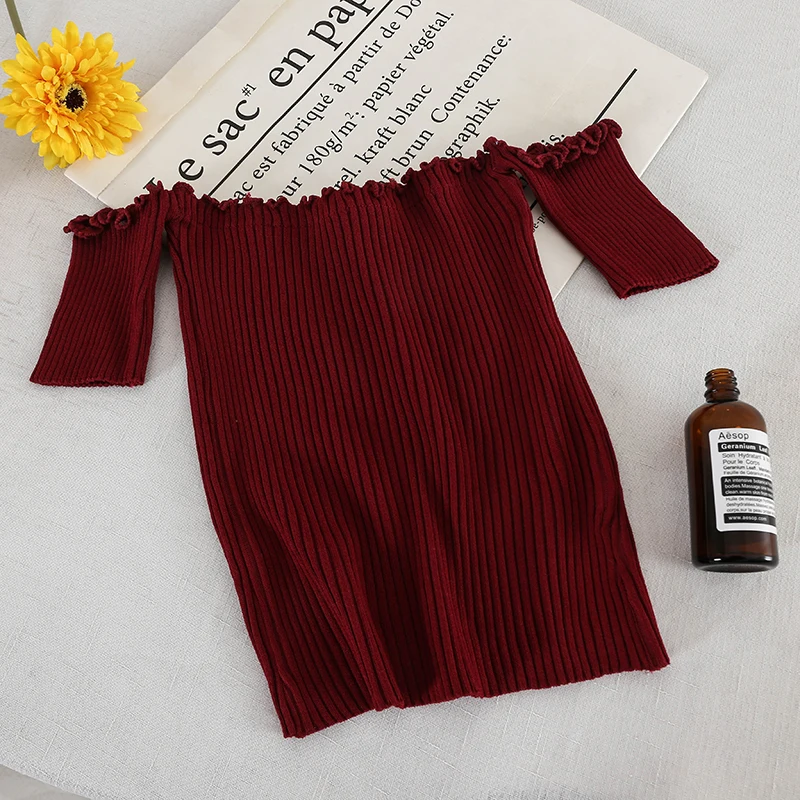 2019 новые модные женские футболки с одним вырезом без бретелек на плечах вязанные