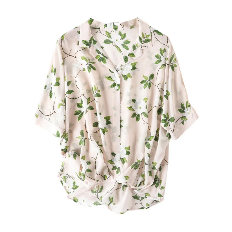 Floral Женская блузка из натурального шелка, креповая блузка с цветочным принтом, рубашка с коротким рукавом, офисные женские блузки, летняя рубашка бежевого цвета - Цвет: Floral