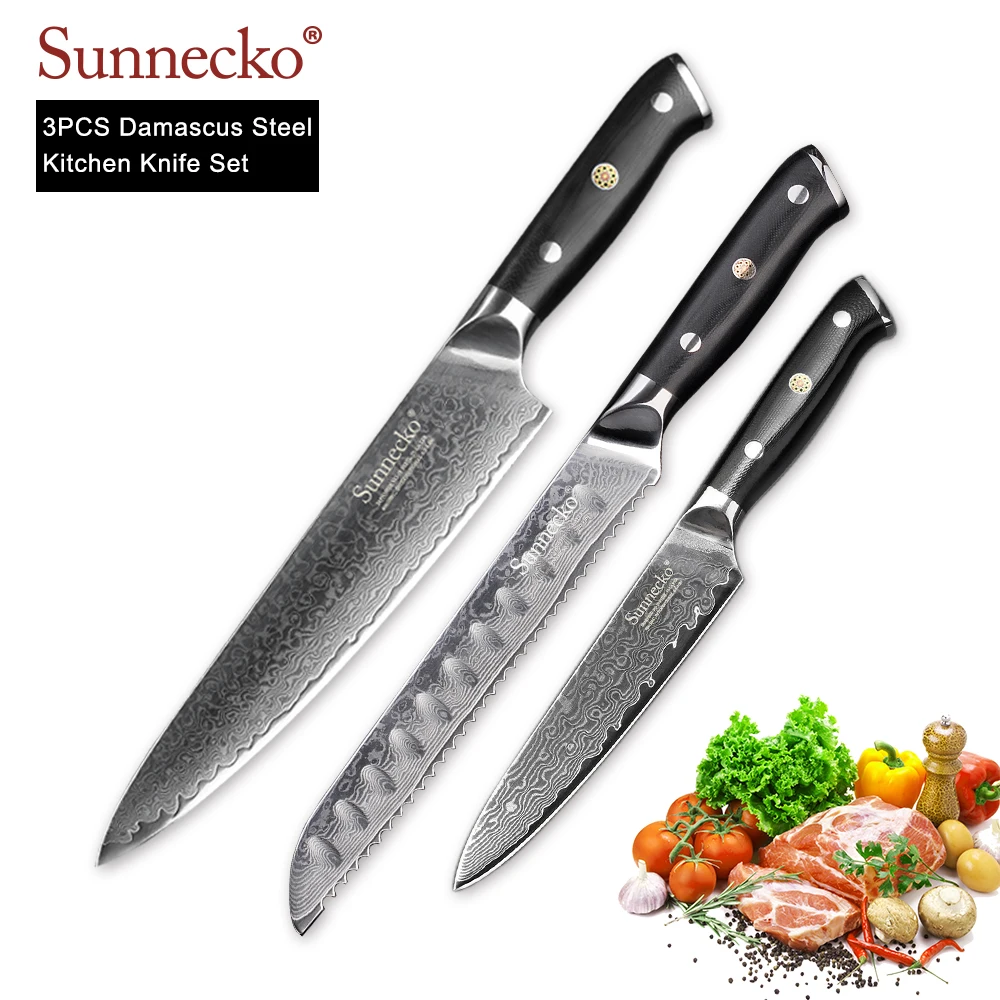 

SUNNECKO 3 шт. нож шеф-повара для хлеба набор кухонных ножей японский Дамаск VG10 стальной сердечник G10 Ручка бритва острые режущие инструменты