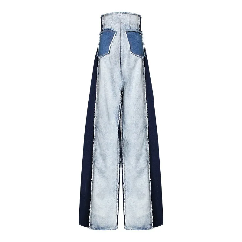 TWOTWINSTYLE Casual Denim Patchwork Women Trousers High Waist Hit Color Big Size Wide Leg Pants Female Fashion Spring 2020 New