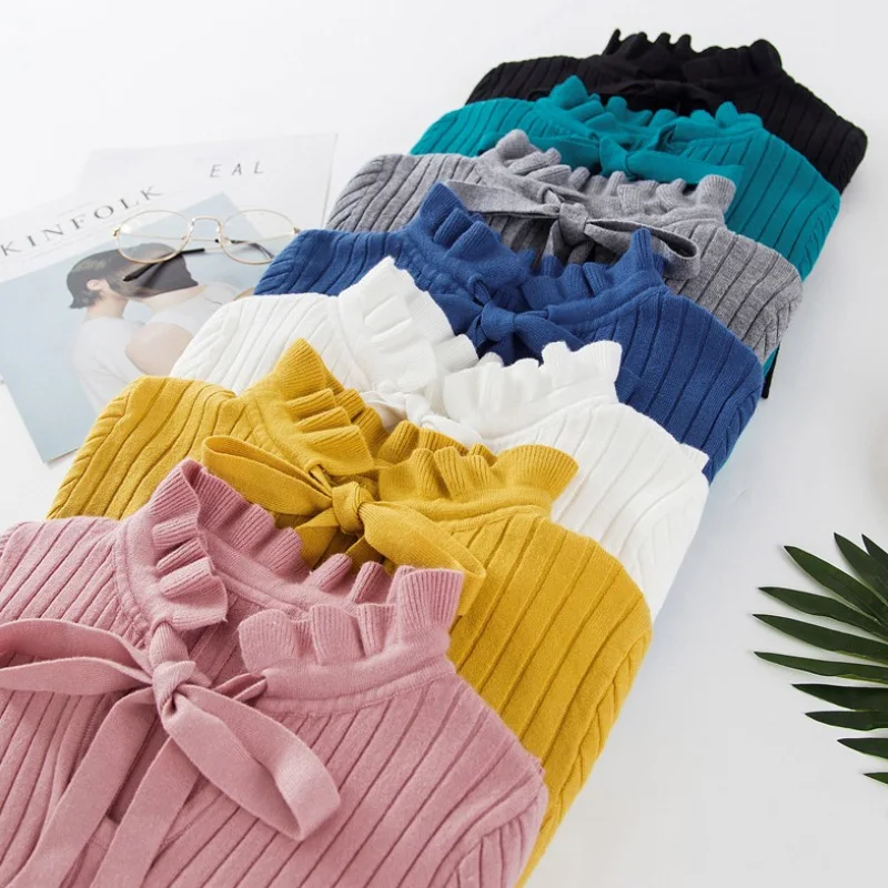 Casual Slim Sweater Women 2018 Autumn Spring Knitted Lace Up Flare Long Sleeve Ruffle Knitting Pullover Womens Sweaters | Женская одежда