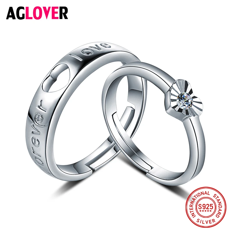 

Real Solid 925 Silver Wedding Ring AAA Cubic Crystal Heart Couple Rings Jewelry for Lovers Women Men Jewelry Valentine Day Gifts