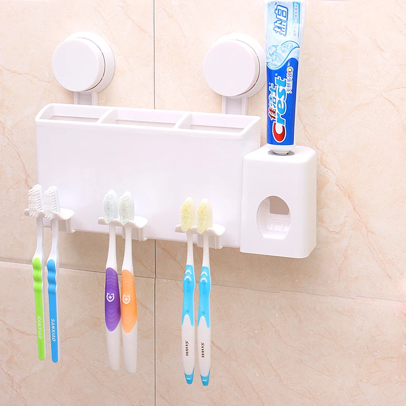 

Automatic Toothpaste Dispenser Squeezer 6 Toothbrush Holder with 3 Cups Storage Organizer Wall-mounted Stand Family Bathroom Set