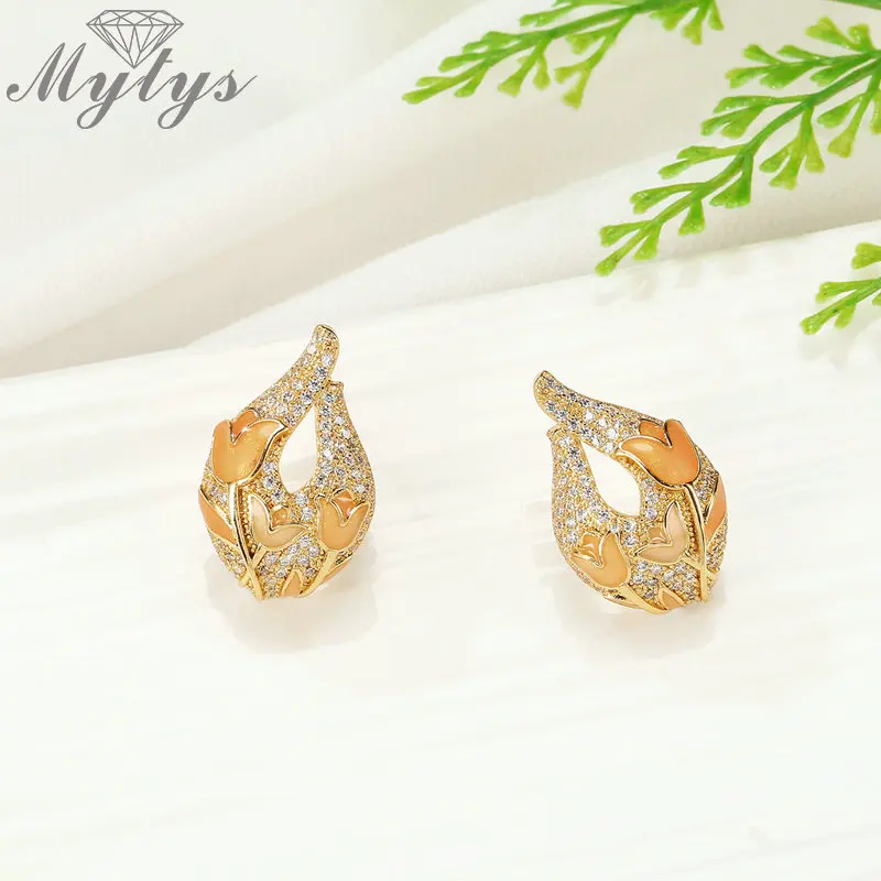 Серьги гвоздики Mytys с инкрустацией из циркония тюльпаны цветочный узор эмалевые