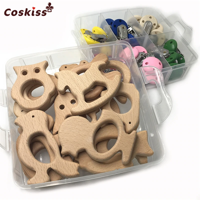 

2 Boxed Organic Natural Beech Wooden Animal And Mix Color Baby Pacifier Clip Blending Creative Freedom For DIY Baby Teether Toy