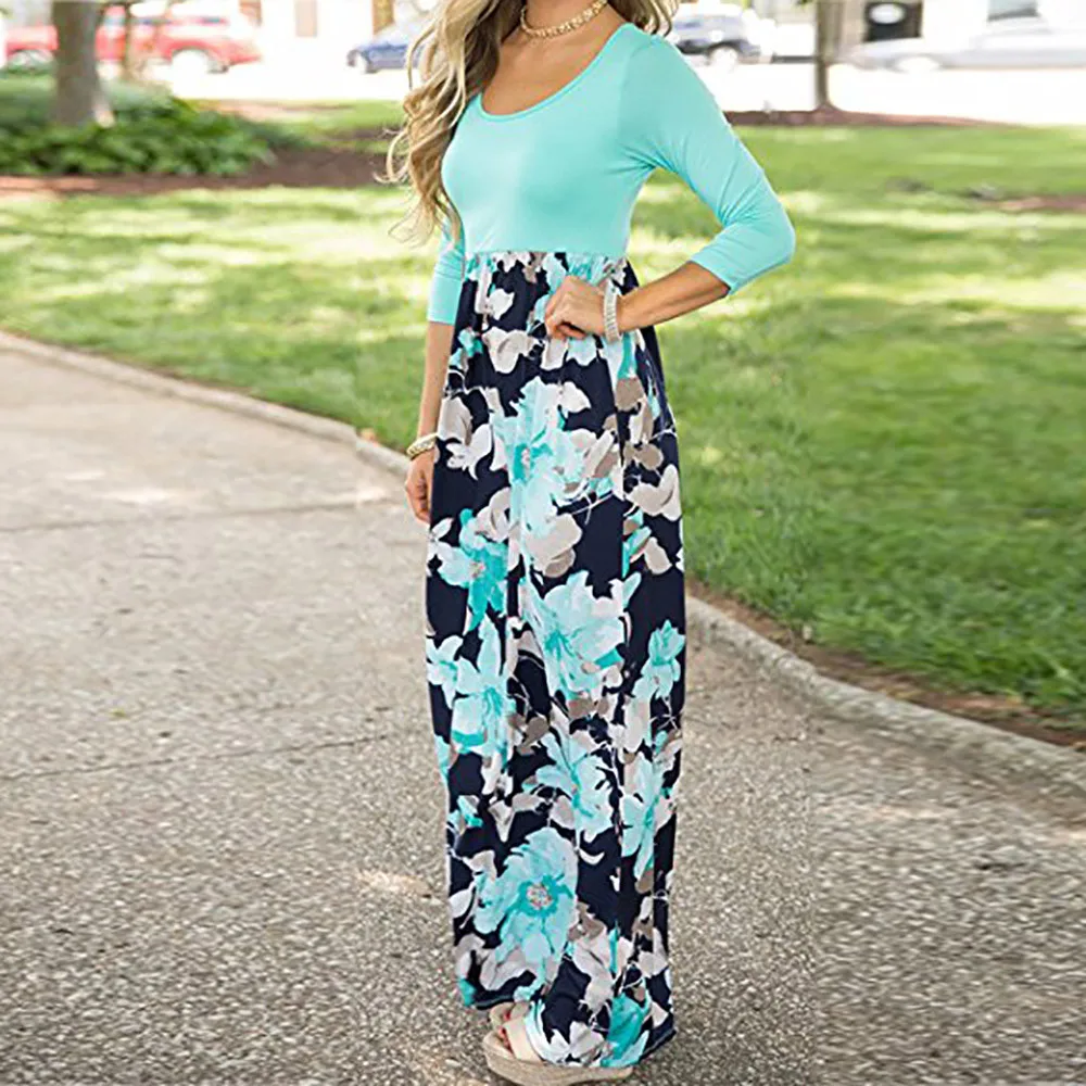 Женское платье макси с цветочным принтом рукав три четверти Повседневная Туника