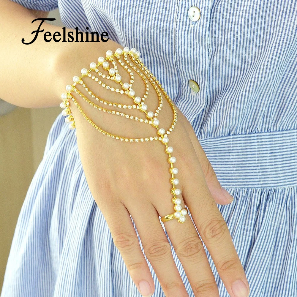 Feelshine Boho Slave Bracelets Gold Color Simulated pearl Chain With Full Rhinestone with Finger Luxury Brand Women|slave bracelet|bracelet