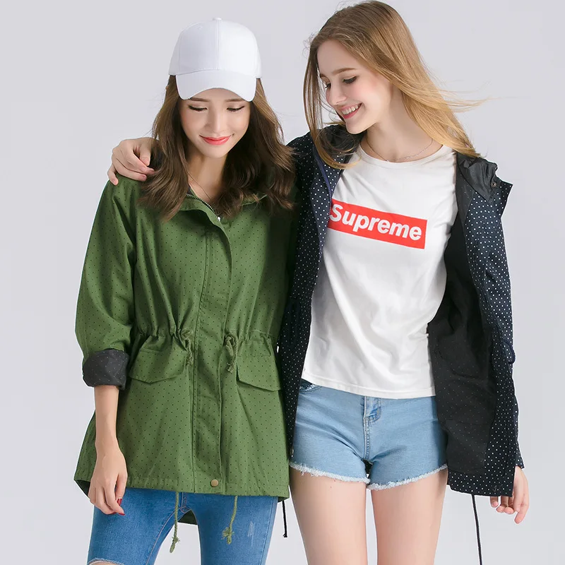 Женский тонкий Тренч в горошек трапециевидный средней длины с длинным рукавом и