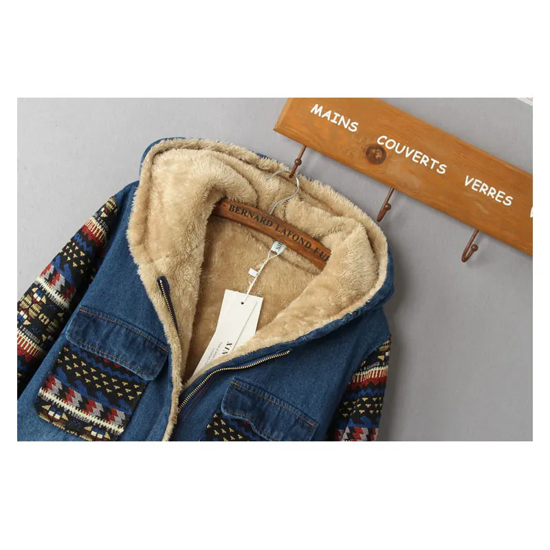 Women Denim Coat Winter 2022 Casual Print Patchwork Plus Velvet Thick Warm Loose Tops Outerwear Long Cotton Padded Jacket Female