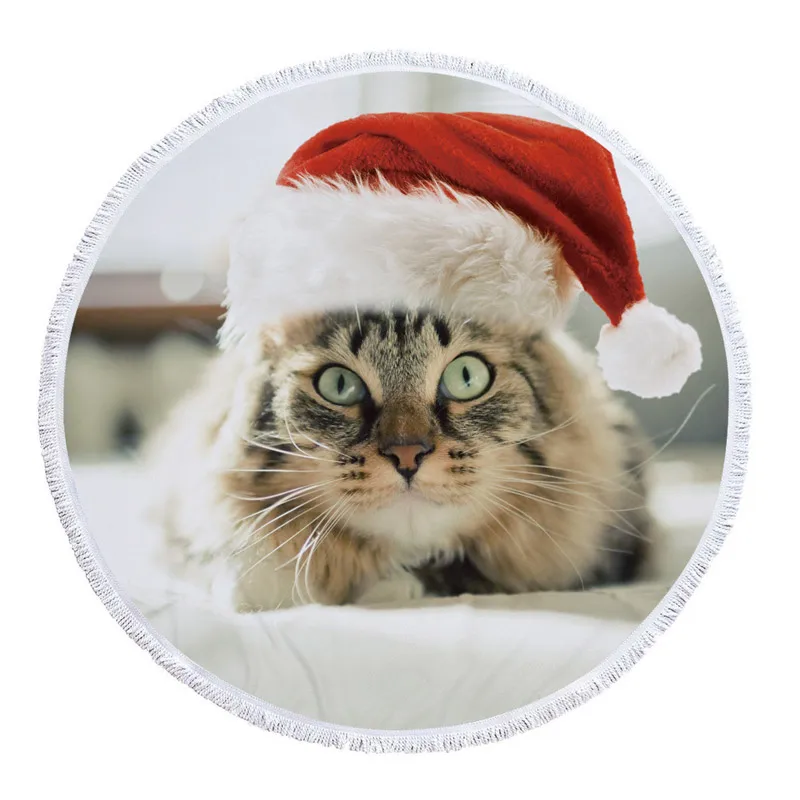 500g Christmas Cute Cat Printed Beach Towels for Women Microfiber Towel with Tassel Fringe Yoga Mat for Adult Xmas Gifts - Цвет: 1