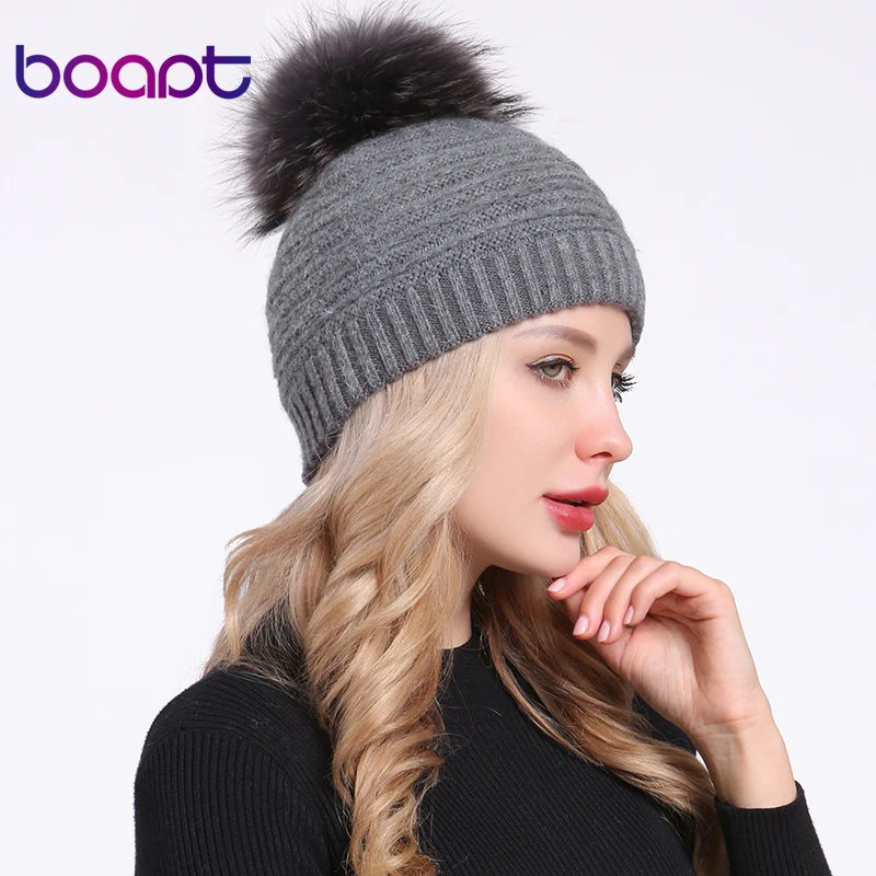 [boapt] енота мех помпон кепка женские кролик двойной слой мягкий толстый вязаный