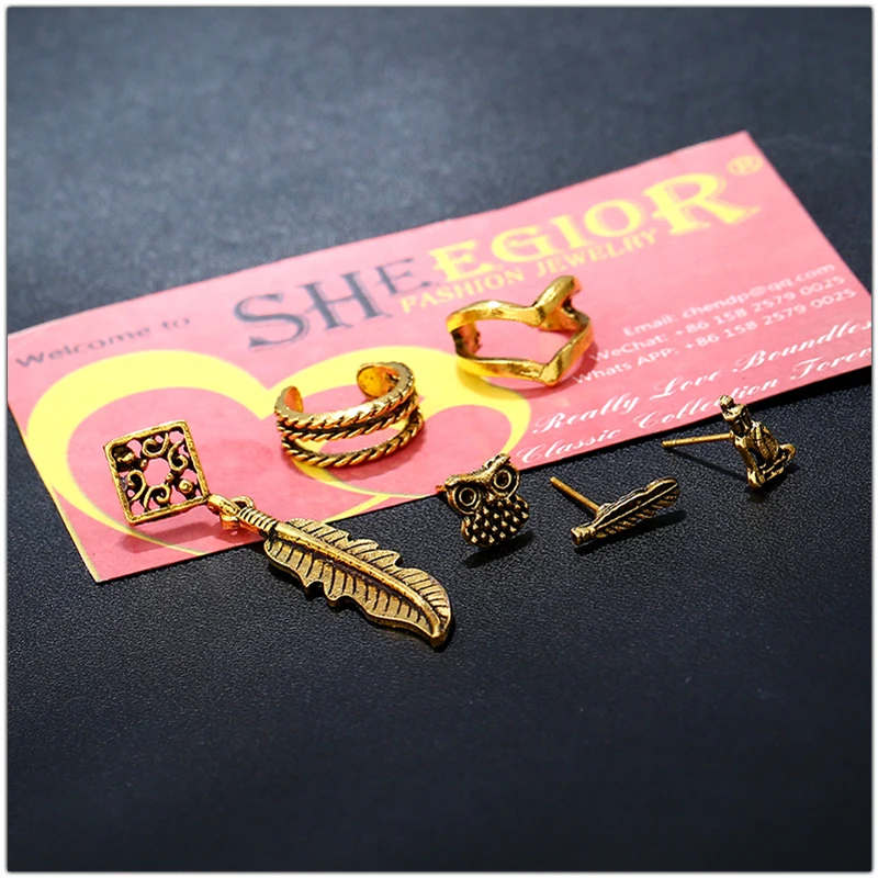 SHEEGIOR, винтажные милые серьги-манжеты, набор, Bijoux Femme, милые мини серьги-гвоздики с изображением совы, пера, Будды, женские модные ювелирные изделия, подарок