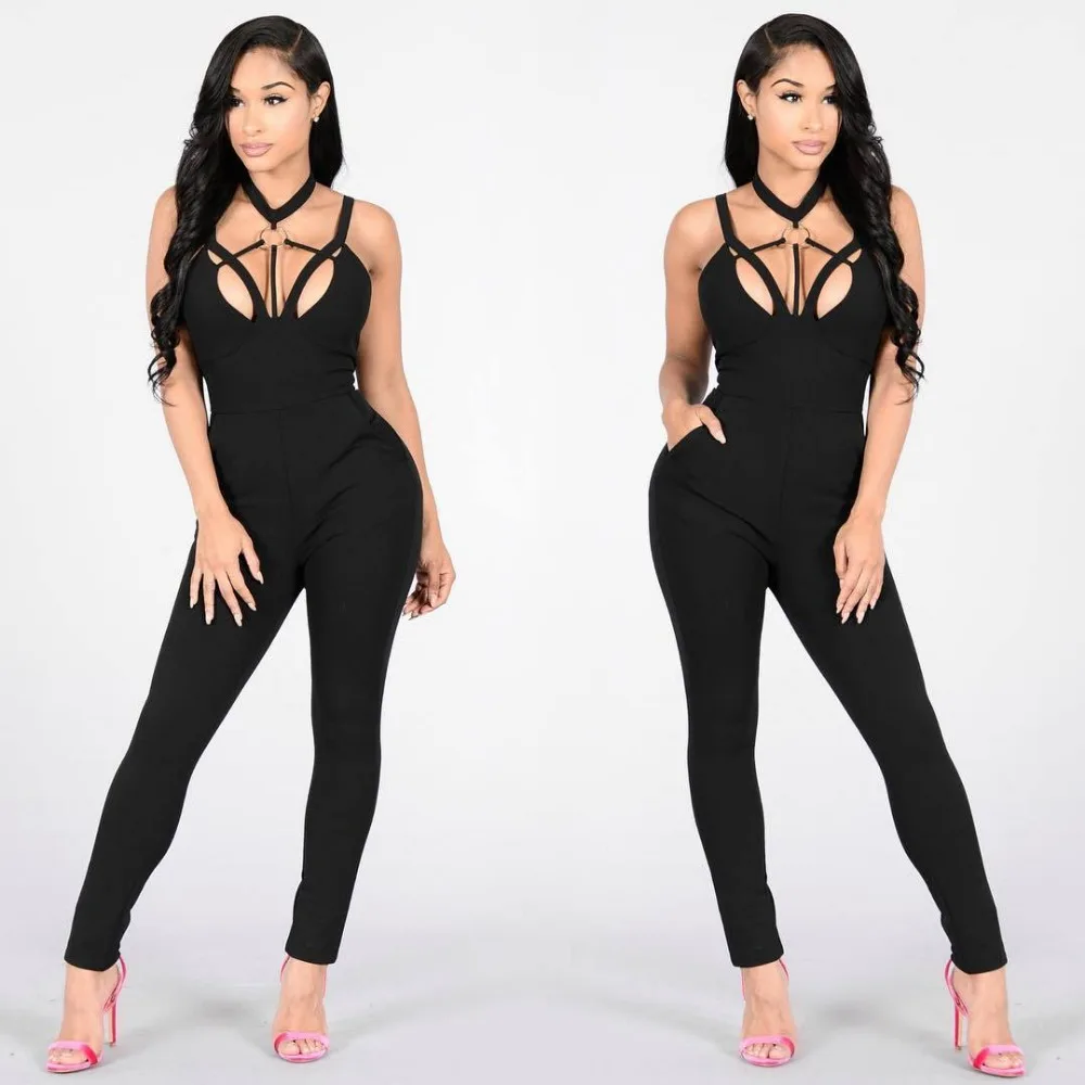 Women Jumpsuits Sexy Fashion backless Bandage Elastic Jumpsuit hollow out black sleeveless Hollow out Skinny Jumpsuit