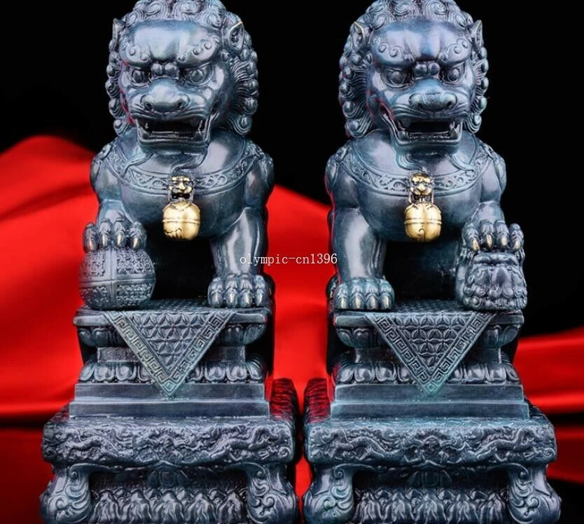

Pair 9'' bronze door guard exorcise evil spirits treasure beast foo dogs lion