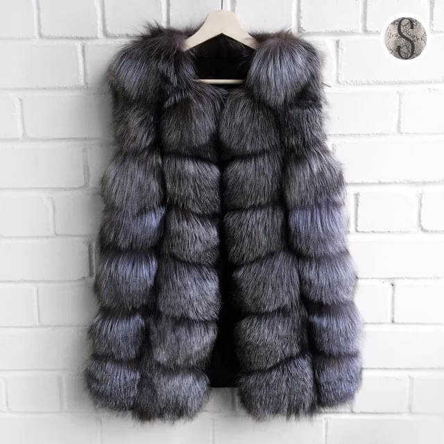 Silver fox Меховая жилетка из натурального меха, женская шуба из лисьего меха, новинка, роскошная женская теплая меховая куртка, толстая Длинная зимняя меховая жилетка - Цвет: Silver fox