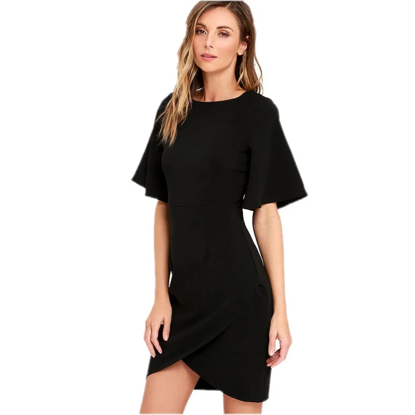 FD3481 Lady Elegant Half Flare Sleeve Knee Dress Vestidos Robe Asymmetrical Hem Ruched Slim Waist Solid Black Smart Dresses | Женская