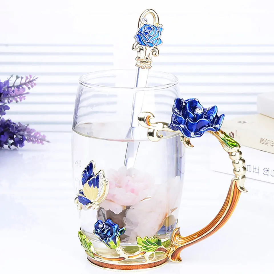 coffee cup CB282 Enamel Color Coffee /Tea Cup Glass Chinese Tea Cup Coffee Mugs Creative Heat-Resistant Glass Cups Set with Stainless Steel Spoon - Цвет: coffee cup CB282