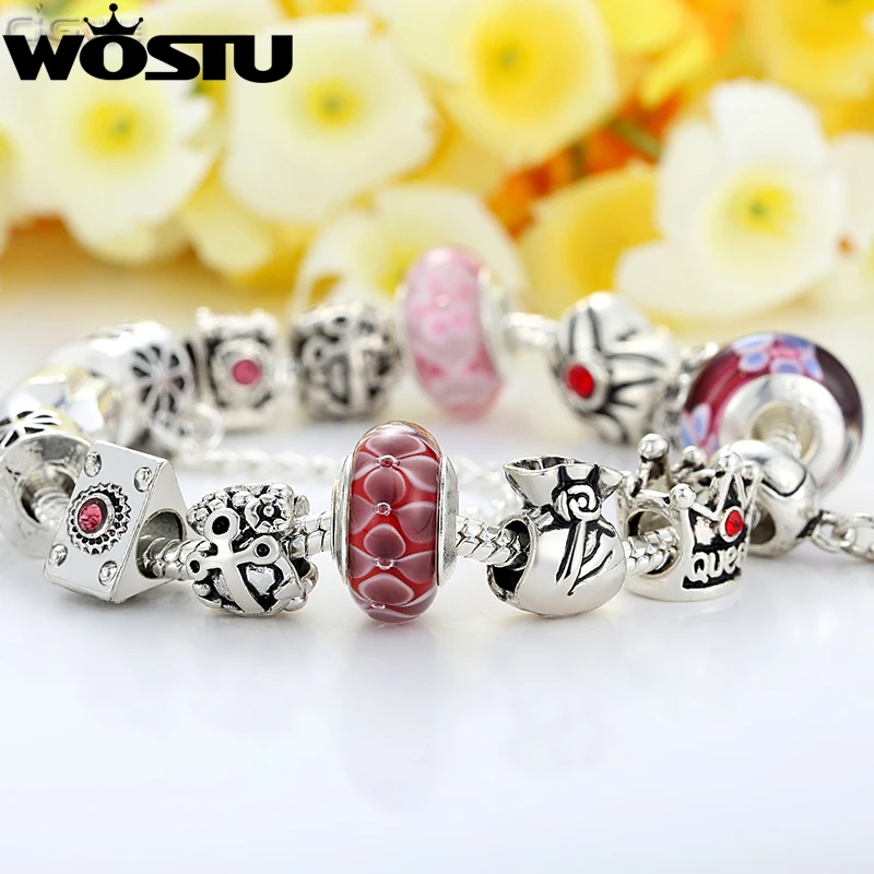 WOSTU Queen Jewelry Silver Charms Bracelet &amp Bangles With Crown Beads for Women SDP1823 | Украшения и аксессуары