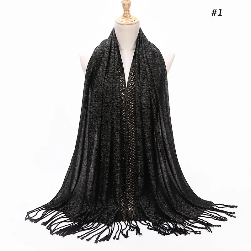 Монохромный Золотой провод точка дрель шарф мусульманские кисточки шаль Хиджаб