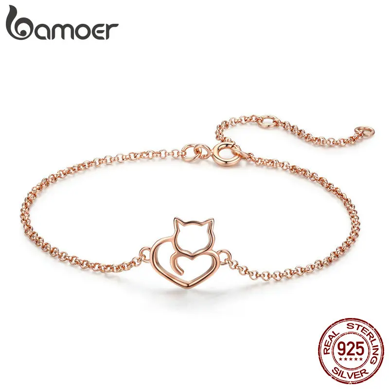 BAMOER 925 пробы Серебряный Кот и сердце звено цепи браслеты и браслеты для женщин подлинные серебряные ювелирные изделия подарок SCB102