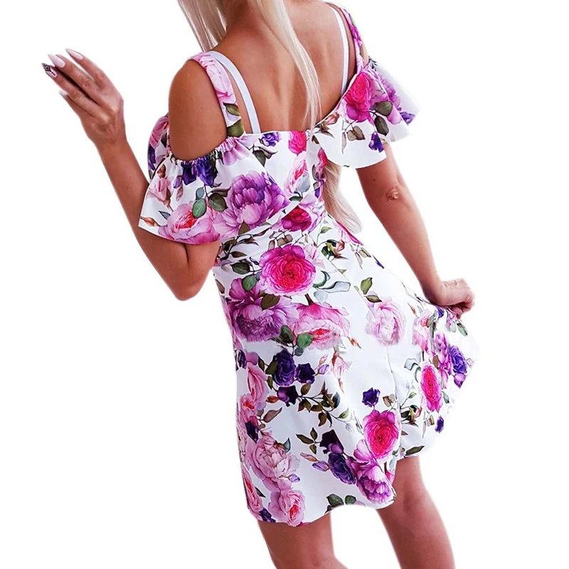 Женское платье на бретельках сексуальное мини с цветочным принтом открытыми