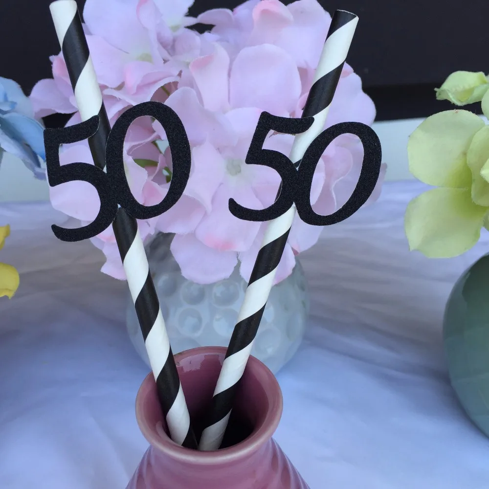 

Black striped paper Straws for happy 50th birthday Party decoration