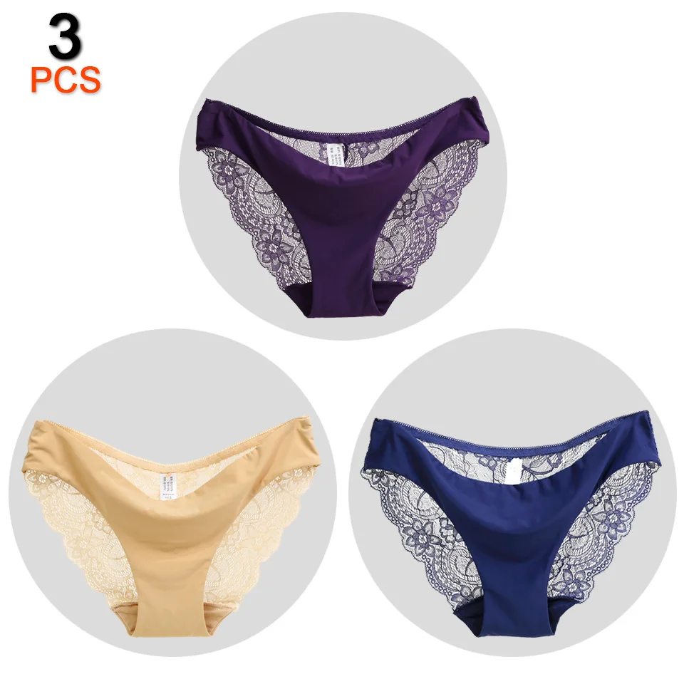 Khaki Purple Blue 3 шт./лот, сексуальные кружевные трусики, женское нижнее белье, трусы, бесшовные трусики танспарента размера плюс, нижнее белье, низкая посадка, хлопковые трусы для женщин - Цвет: Khaki Purple Blue