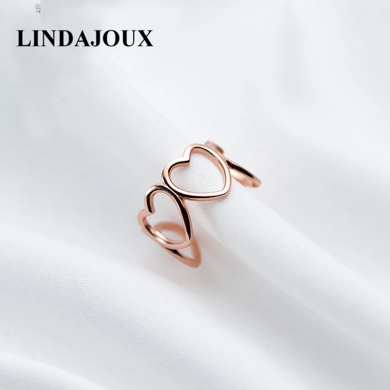 LINDAJOUX 925 серебро розовое золото цвет полое открывающееся кольцо сердце для женщин