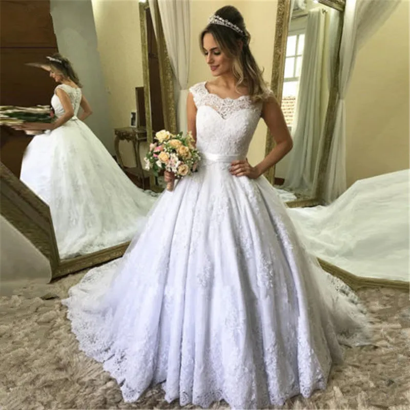 

Fashion Tulle Lace Beaded Wedding Dress court train Vestidos De Novia Custom Size Floor Length Bridal Women wedding Gown