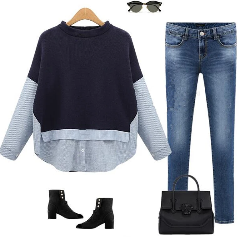 2018 Осенняя мода Европейский стиль полосатый пэчворк темно синий пуловер O Шея