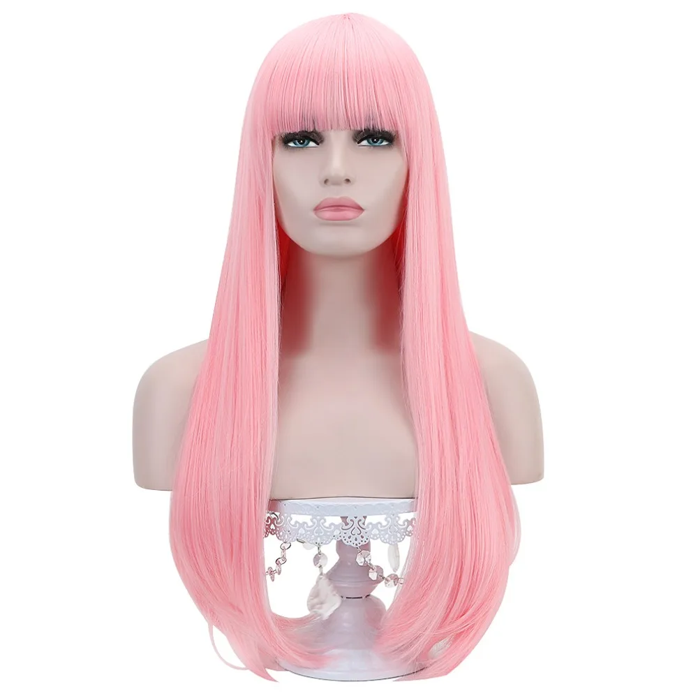 

28''Synthetic Straight Wigs For Women With Bangs Pink Medium Brown 2 Color Long Hair Cosplay Wigs For Girls Heat Resistant Fiber