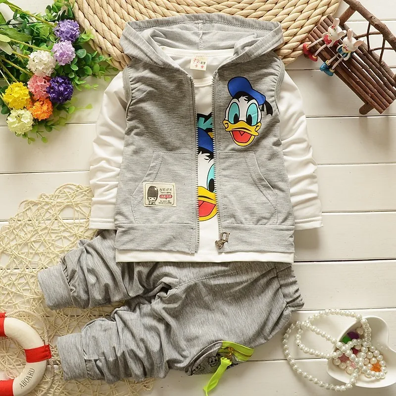 2018 Kids Clothing Boys Cartoon Jackets Donald Duck Hoodie Vest + Full Sleeve Shirt Pants 3 Pieces Suit For Baby Girls clothes | Детская