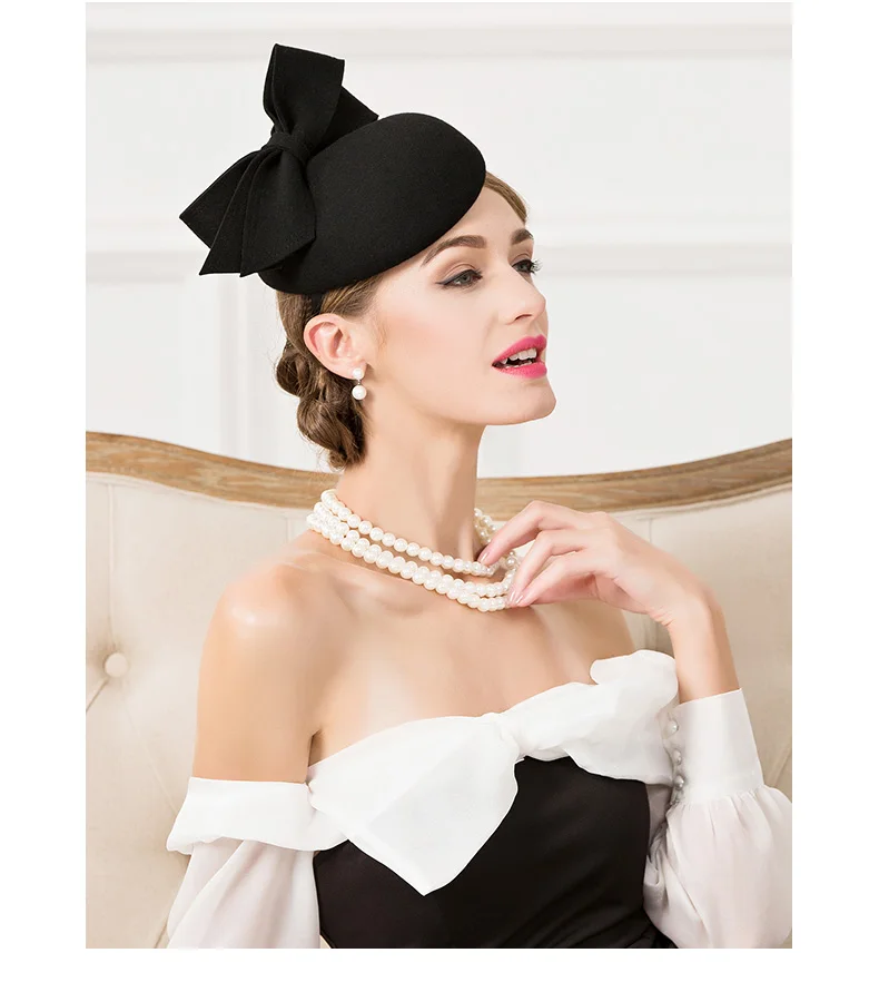 Женская шерстяная шляпа Fedoras, винтажная черная шерстяная шляпка, шляпка для свадебной вечеринки, головные уборы для женщин, шапка для свадьбы, B-7536