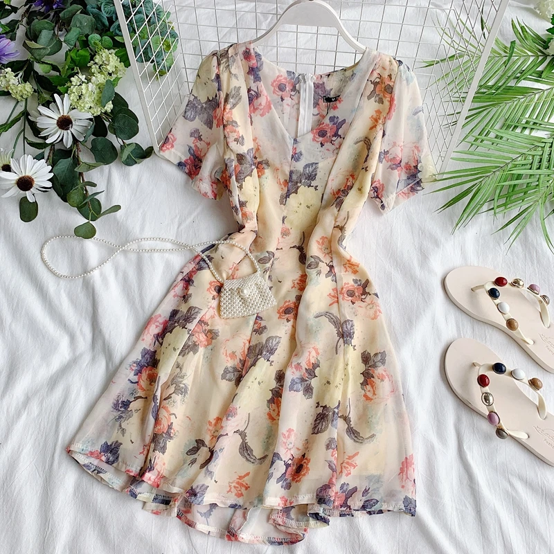 2019 новые модные женские платья шифоновое платье с цветочным рисунком v образным