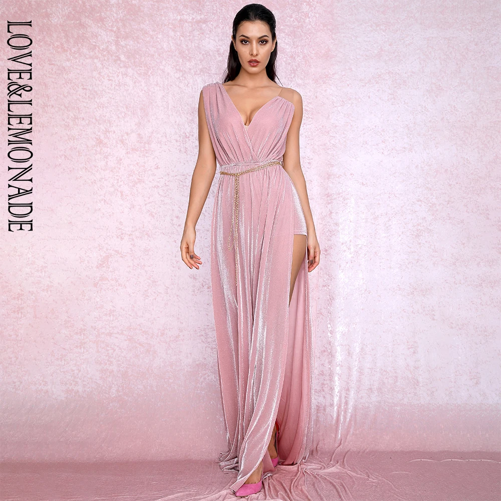 LOVE& LEMONADE сексуальное розовое с глубоким v-образным вырезом декоративная металлическая цепь с Боковым Разрезом Макси платье LM81720