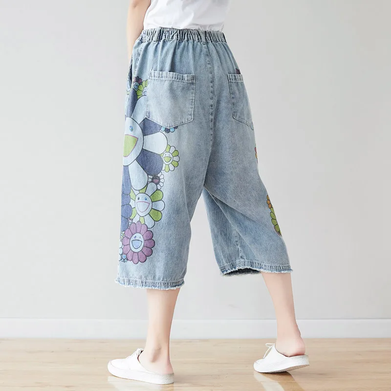 

Japanese Style Mom Embroidered Denim Light Color Straight Vintage Flower Pattern Shredded Hole Thin Wide-legged Jeans